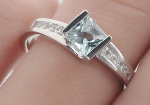 1 CT Princess Cut Aquamarine Blue Diamond 925 Sterling Sliver Women Wedding Promise Ring