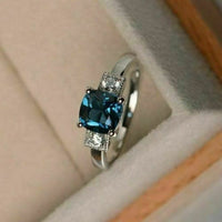 2 Ct Cushion Cut London Blue Topaz 14K White Gold Over On 925 Sterling Silver Three-Stone Ring