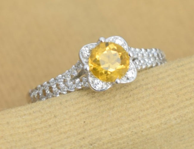 1 CT Round Cut Citrine Yellow Diamond 925 Sterling Silver Women Engagement Halo Ring