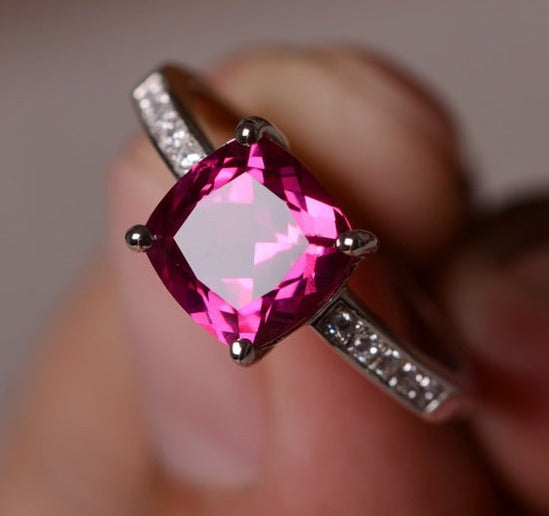 1 CT Cushion Cut Red Ruby Diamond 925 Sterling Silver Women Engagement Ring
