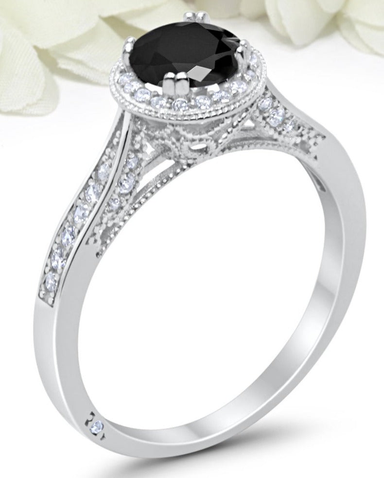 1 CT Round Cut Black Cubic Zirconia Diamond 925 Sterling Silver Halo Engagement Ring - atjewels.in