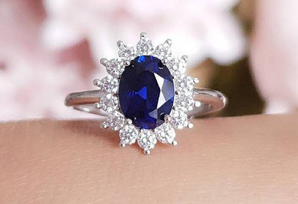 2 CT Oval Cut Blue Sapphire Diamond 925 Sterling Silver Halo Engagement Ring