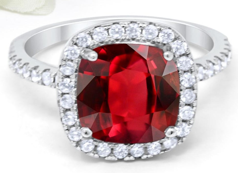 2 CT 925 Sterling Silver Red Ruby Cushion Cut Diamond Engagement Halo Ring