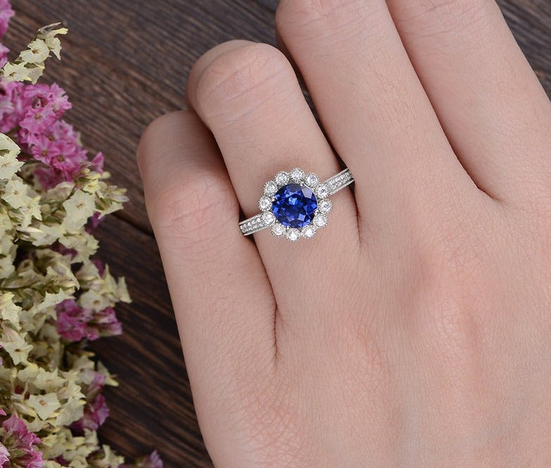 1 CT Round Cut Blue Sapphire Diamond 925 Sterling Silver Halo Flower Engagement Ring