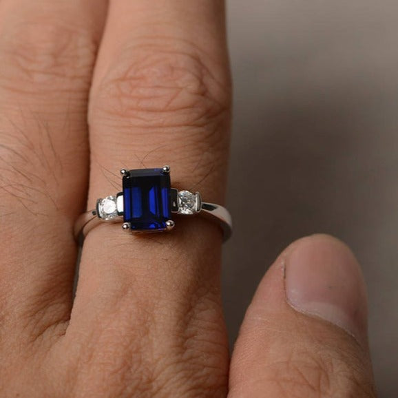 1 CT 925  Sterling Silver Blue Sapphire Emerald Cut Diamond Promise Ring