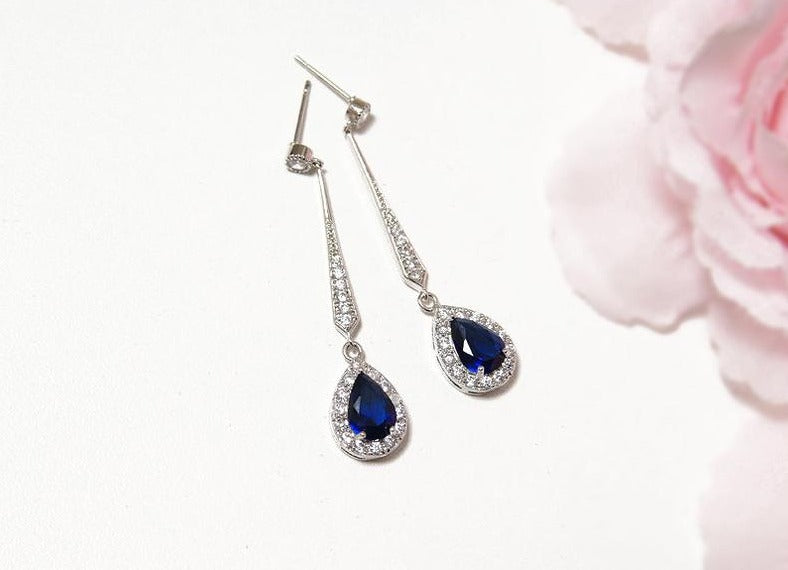 2.50 Ct Pear Cut Blue Sapphire & White CZ Drop/Dangle Engagement Wedding Earrings In 925 Sterling Silver