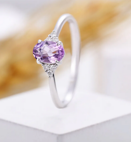 1 CT Oval Cut Amethyst & CZ Diamond White Gold Over On 925 Sterling Silver Cluster Promise Ring