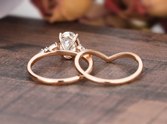 1 CT Oval Cut Rose Gold Over On 925 Sterling Silver Curved Wedding Ring Set