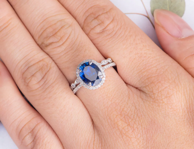 1 CT Oval Cut Blue Sapphire White Gold Over On 925 Sterling Silver Engagement Halo Ring Set