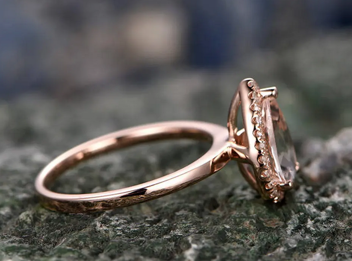 2 CT Pear Cut Pink Morganite Rose Gold Over On 925 Sterling Silver Halo Wedding Promise Ring