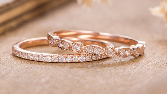 1 CT Round Cut White Diamond Rose Gold Over On 925 Sterling Silver Half Eternity Ring  Ring Set