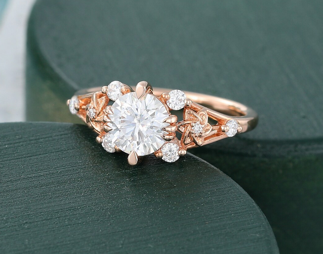 1 CT Round Cut Rose Gold Over On 925 Sterling Silver Vintage Floral Leaf Anniversary Ring For Women