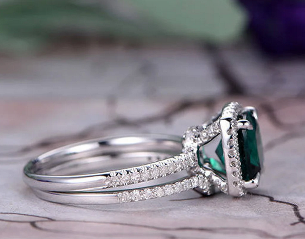 1 CT Cushion Cut Emerald White Gold Over On 925 Sterling Silver Stacking Bridal Ring Set