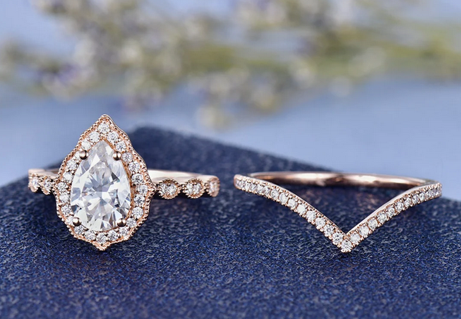 1 CT Pear Cut Rose Gold Over On 925 Sterling Silver Engagement Ring Set