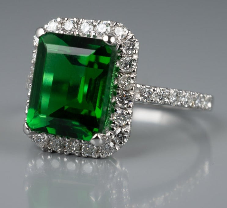 3 CT Emerald Cut Emerald Green Diamond 925 Sterling Silver Halo Unisex Engagement Ring