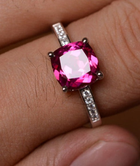 1 CT Cushion Cut Red Ruby Diamond 925 Sterling Silver Women Engagement Ring