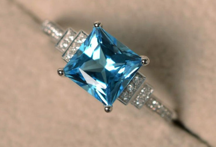 1 CT Princess Cut Blue Topaz Diamond 925 Sterling Sliver Women Engagement Promise Ring