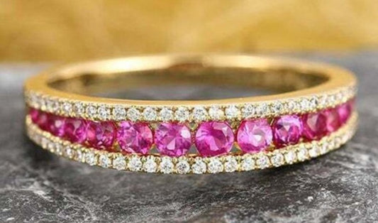 0.75 CT Round Cut Pink Sapphire Diamond 925 Sterling Silver Women Wedding Band Ring