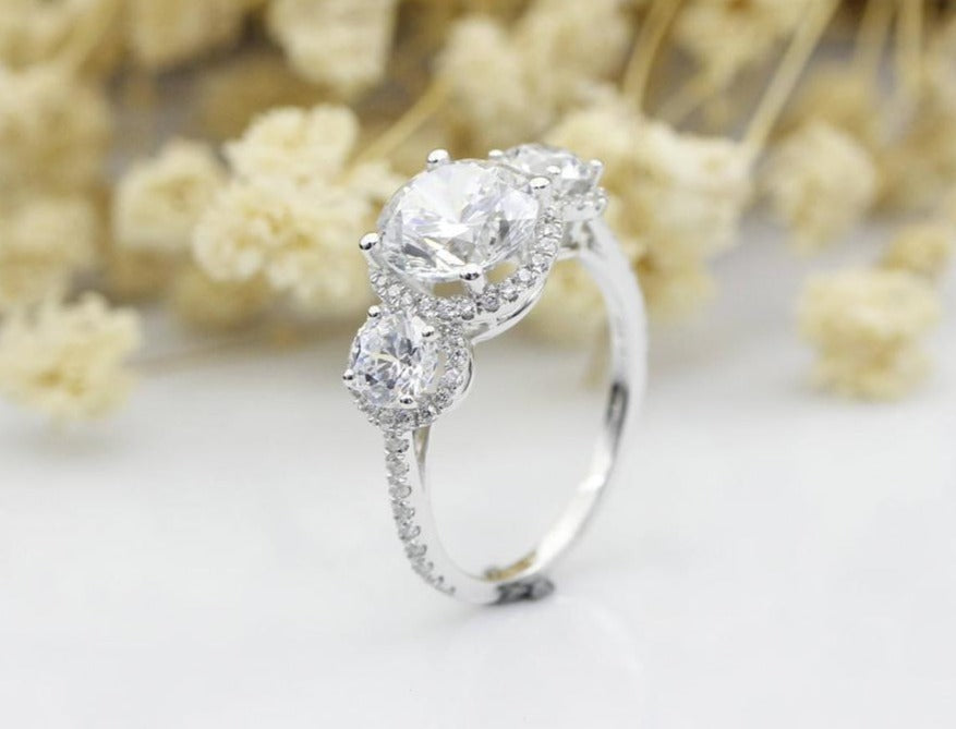 3 CT 925 Sterling Silver 3 Stone Round Cut Diamond Halo Engagement Ring