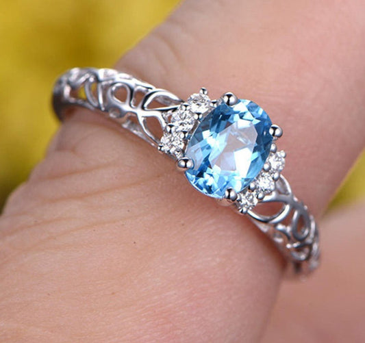 2 CT 925 Sterling Silver Oval Cut Blue Topaz Diamond Wedding Engagement Band Ring
