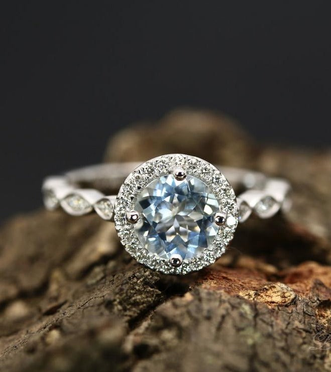 CT Round Cut Aquamarine Diamond 925 Sterling Silver Halo Promise Ring
