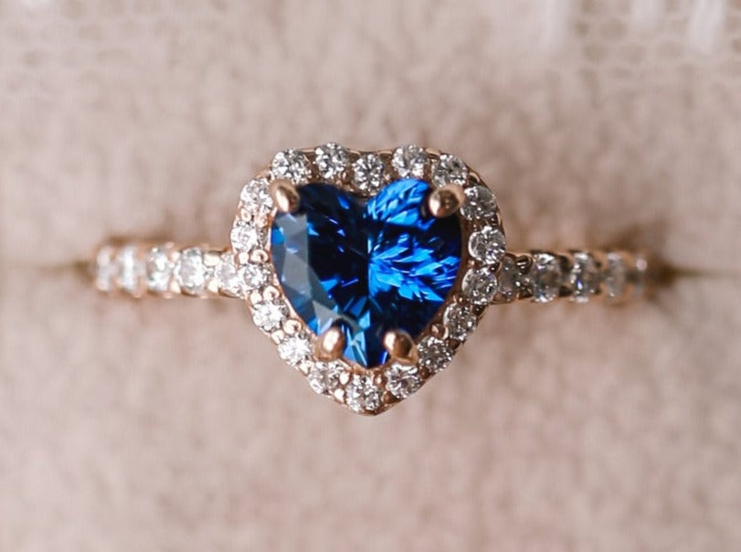 CT 925 Sterling Silver Blue Sapphire Heart Cut Diamond Halo