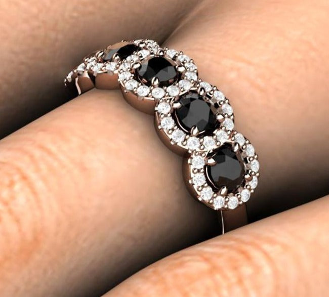 2 CT Round Cut Black Cubic Zirconia Diamond 925 Sterling Silver Unique Engagement Halo Band Ring