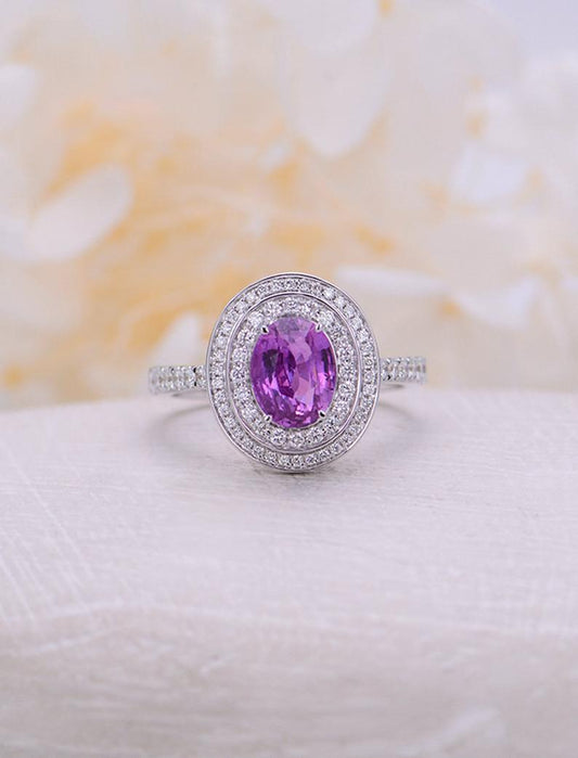 1 CT Oval Cut Amethyst Diamond White Gold Over On 925 Sterling Silver Woman Double Halo Anniversary Ring