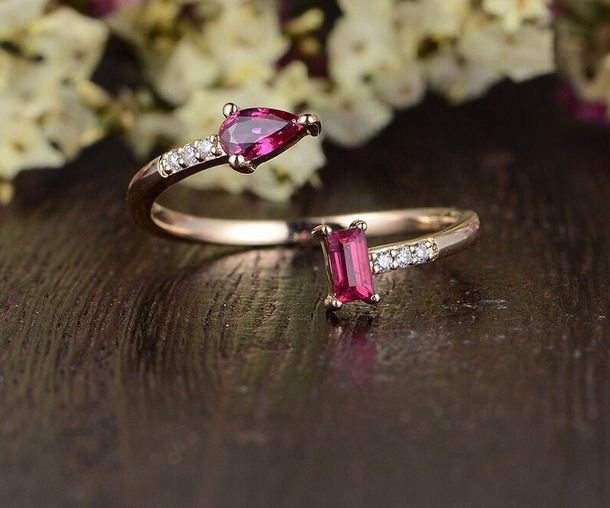 2.30 Ct Pear & Emerald Cut Red Ruby Rose Gold Over On 925 Sterling Silver Unique Promise Gift Cuff Ring