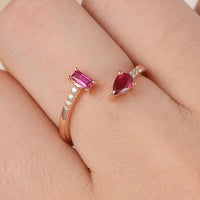 2.30 Ct Pear & Emerald Cut Red Ruby Rose Gold Over On 925 Sterling Silver Unique Promise Gift Cuff Ring