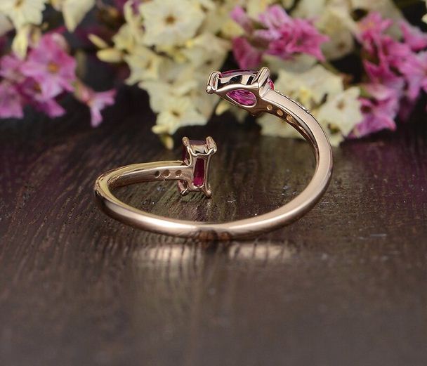 2.30 Ct Pear & Emerald Cut Red Ruby Rose Gold Over On 925 Sterling Silver Unique Promise Gift Cuff Ring
