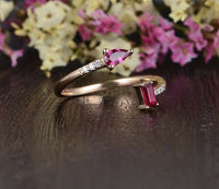 2.30 Ct Pear & Emerald Cut Red Ruby Rose Gold Over On 925 Sterling Silver Unique Promise Gift Cuff Ring