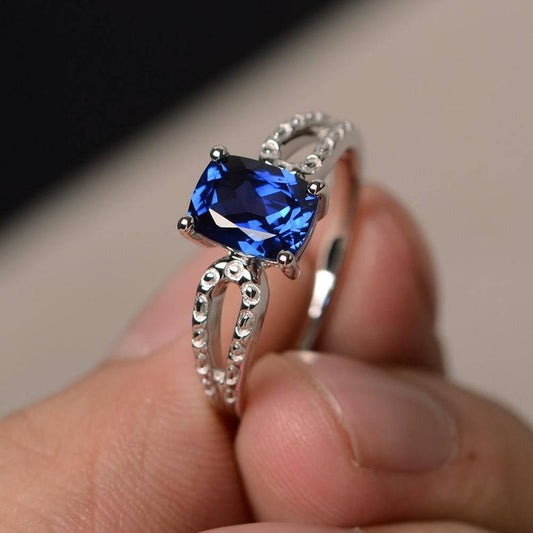 1 CT Cushion Cut Blue Sapphire Diamond 925 Sterling Silver Solitaire Promise Ring