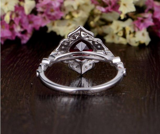 2.25 Ct Cushion Cut Red Garnet White Gold Over On 925 Sterling Silver Floral Engagement Ring