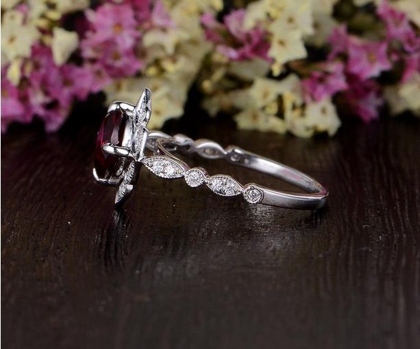 2.25 Ct Cushion Cut Red Garnet White Gold Over On 925 Sterling Silver Floral Engagement Ring
