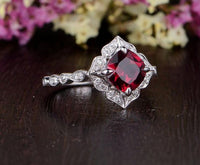 2.25 Ct Cushion Cut Red Garnet White Gold Over On 925 Sterling Silver Floral Engagement Ring