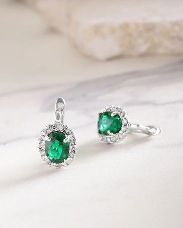 2.50 Ct Oval Cut Green Emerald Latch Back Halo Earrings In 925 Sterling Silver