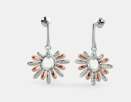 0.50 Ct Round Cut Diamond Two-Tone Floral Dangle Earrings In 925 Sterling Silver