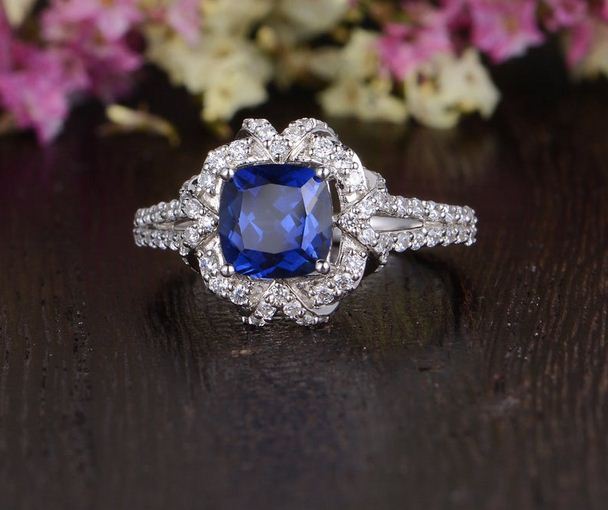 3.25 Ct Cushion Cut Blue Sapphire 925 Sterling Silver Halo Engagement Wedding Ring