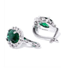 2.50 Ct Oval Cut Green Emerald Latch Back Halo Earrings In 925 Sterling Silver