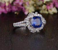 3.25 Ct Cushion Cut Blue Sapphire 925 Sterling Silver Halo Engagement Wedding Ring
