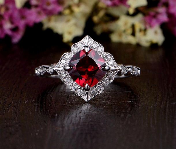 2.25 Ct Cushion Cut Red Garnet White Gold Over On 925 Sterling Silver Floral Engagement Ring