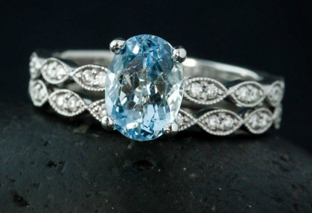 1 CT Oval Cut Blue Aquamarine White Gold Over On 925 Sterling Silver Wedding Ring Set