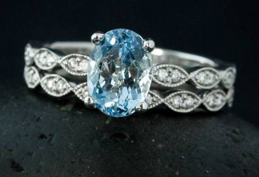 1 CT Oval Cut Blue Aquamarine White Gold Over On 925 Sterling Silver Wedding Ring Set