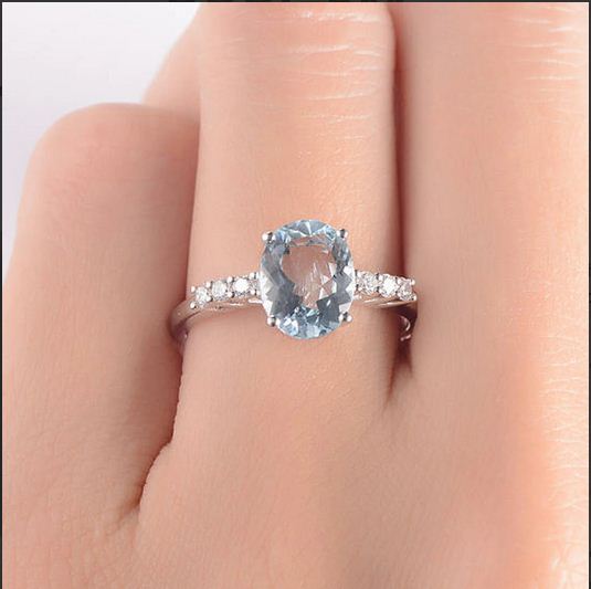 1.75 Ct Oval Cut Aquamarine 925 Sterling Silver Solitaire W/Accents Anniversary Gift Ring