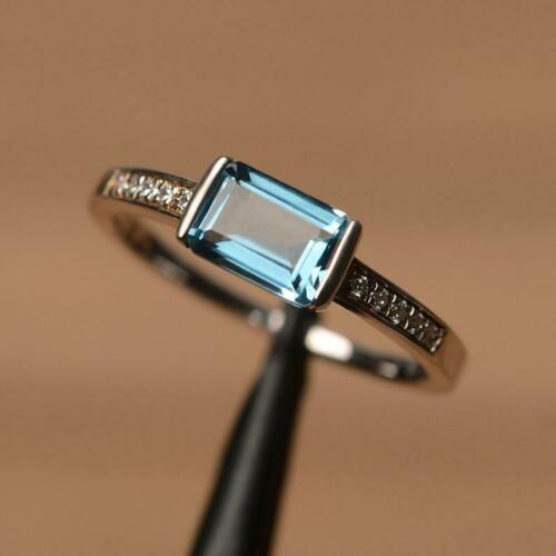 1.50 CT Emerald Cut London Blue Topaz 925 Sterling Silver Diamond Promise Ring