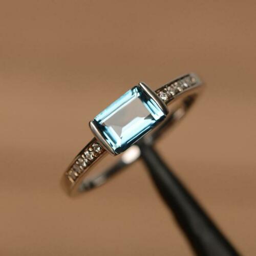 1.50 CT Emerald Cut London Blue Topaz 925 Sterling Silver Diamond Promise Ring