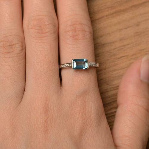 1.50 CT Emerald Cut London Blue Topaz 925 Sterling Silver Diamond Promise Ring
