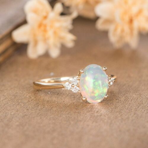 1.50 CT Oval Cut Fire Opal 925 Sterling Silver Diamond Women's Anniversary Ring