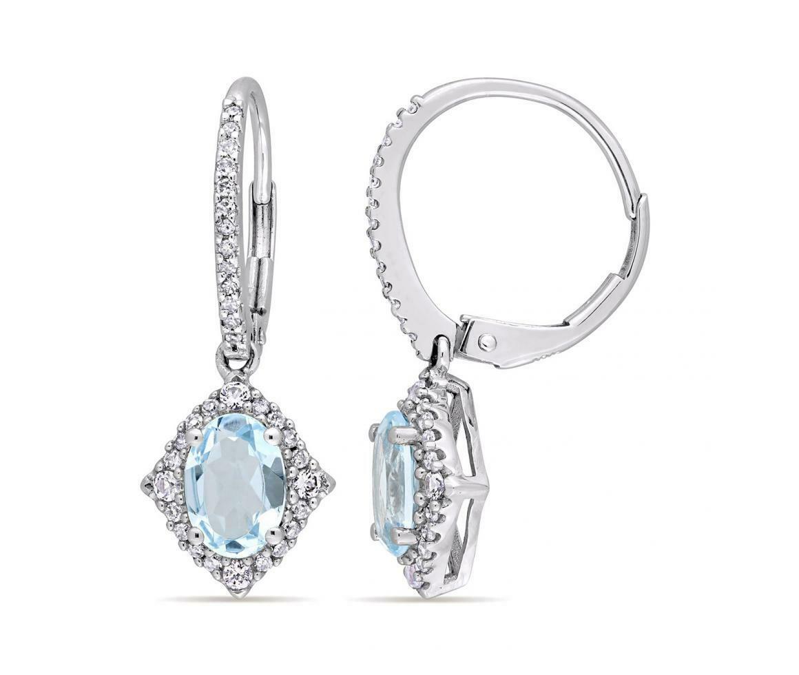 1.50 CT Oval Cut Aquamarine 925 Sterling Silver Diamond Drop Dangle Earrings